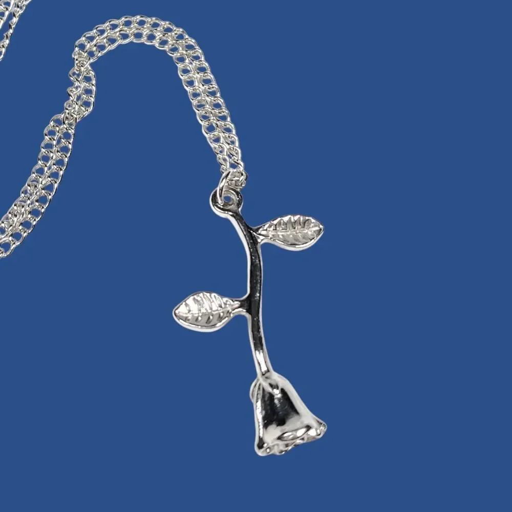 Silver Tone Flower Stem Pendant Necklace Rose Charm Feminine Retro Jewelry 20